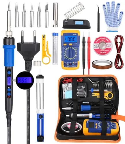 Yulado Lötkolben Set Elektronik, 60W LED Mit Einstellbarer Temperatur 200-480℃, 5 Lötspitzen, Digital Multimeter, Für Hobbybastler