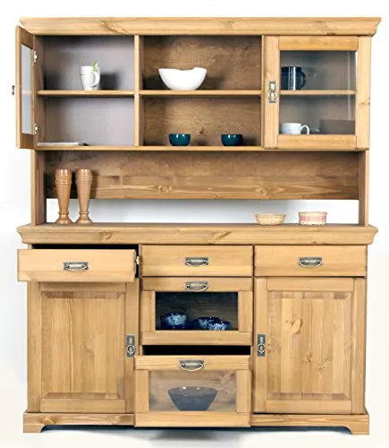 Buffet Kiefernholz gelaugt geölt Schrank Vitrine Sidebord mit Aufsatz - Schränke & Wandschränke im Landhausstil, aus massivem Kiefernholz, bietet 5 Schubladen und 4 Glastüren für eleganten Stauraum.