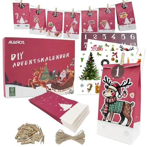 AUXHCYL Adventskalender zum Befüllen Tüten, 2025 Weihnachtskalender Selber Machen, 24 Pcs DIY Adventstüten Säckchen, Adventkalender Selber Basteln für Kinder & Erwachsene(Rot)