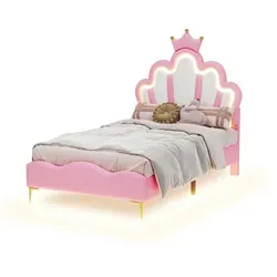 Prinzessinbett mit LED-Beleuchtung, 90x200 cm, höhenverstellbarer Kopfteil, Mädchenbett, Polsterbett für Mädchen, Einzelbett, Kunstleder - Rosa