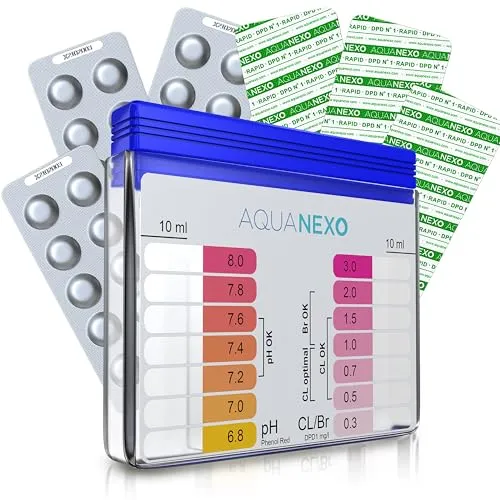 AQUANEXO Pool Tester pH und Chlor inkl. 60 Pool Testtabletten, Pooltester, Pool Wassertester, Schütteltester Pool ph Tester, Pool Tester Chlor und pH für Schwimmbad, Planschbecken, Whirlpool