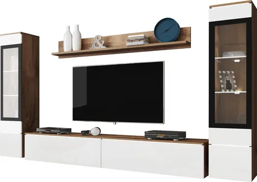 MIRJAN24 Wohnwand Vera II – Stilvolles Wohnzimmer-Set mit Beleuchtung - Moderne Wohnwand Vera II für Ihr Zuhause: Vitrine, TV-Lowboard und Wandregal aus hochwertigem Laminat, ideal für eine stilvolle Raumgestaltung. Inklusive Montageanleitung für einfachen Aufbau.