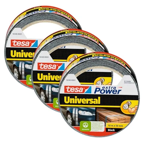 tesa extra Power Universal Gewebeband - Klebeband mit extra starkem Halt - vielseitiges Duct Tape für Reparaturen, zum Befestigen, Abdichten und mehr - Schwarz - 3 Rollen - 10 m x 50 mm