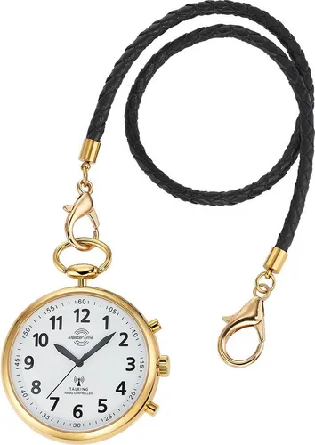 MASTER TIME Sprechende Funk Taschenuhr Goldfarben - Taschenuhr mit deutscher Zeitansage und 4 einstellbaren Alarmen, ideal für präzise Zeitmessung und eleganten Stil. Gehäuse aus goldplattiertem Metall und kratzunempfindlichem Mineralglas.