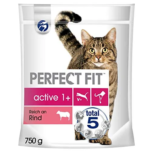 Perfect Fit Katzenfutter Trockenfutter Active Adult 1+ Reich an Rind, 1 Beutel (1 x 750g)