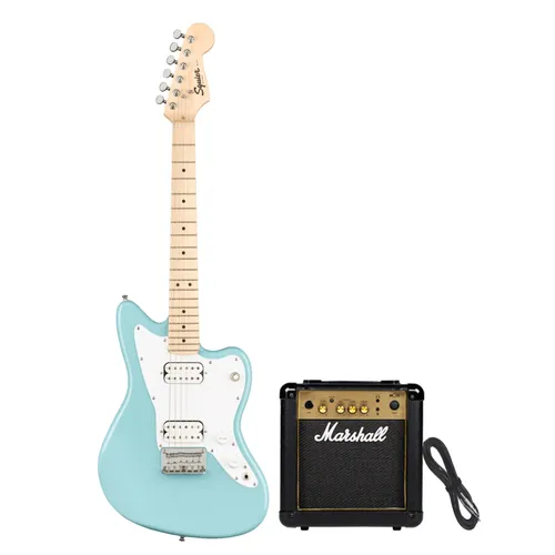 Squier Mini Jazzmaster DPB + MG10G E-Gitarren Set für Anfänger - E-Gitarren Set mit Squier Mini Jazzmaster und Marshall MG10G Verstärker, ideal für Kinder und Einsteiger. Kompakt, leicht spielbar und mit hervorragendem Klang!