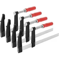 Schraubzwingen 4er Set - Einhand F-Klemmen 150mm & 300mm - Praktisches 4er Set Einhand-Schraubzwingen für Holz- und Metallbearbeitung. Starke Klemmkraft von 272 kg und ergonomischer Griff für müheloses Festziehen. Ideal für sicheres Arbeiten beim Bohren, Kleben und Schneiden.