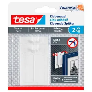 tesa Klebenagel 2 Stück – für Tapeten und Putz, bis 2kg - Praktische tesa Klebenagel im 2er Set, ideal für eine sichere Befestigung an Tapeten und Putz. Maximale Tragkraft von 2kg pro Nagel, einfach in der Anwendung und ideal für kreative Projekte.