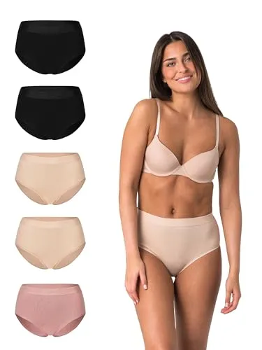 Elsie Damen High-Waist-Panty – Baumwolle Unterhosen im 5er-Pack, Atmungsaktive Unterwäsche mit Stretch-Anteil (DE/NL/SE/PL, Alphanumerisch, XL, Regular, Regular, 2X Schwarz 2X Beige 1x Rosa)