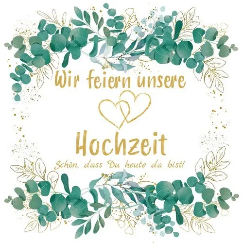 Servietten Eukalyptus Hochzeit Herzen Schön dass Du da bist gold grün 33x33cm 20