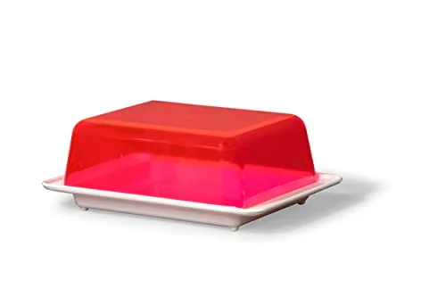 Butterdose Kühlschrankbutterdose Butterglocke Butterschale mit Deckel, Mehrweggeschirr, aus Kunststoff, Deckel Farbe rot-glasklar