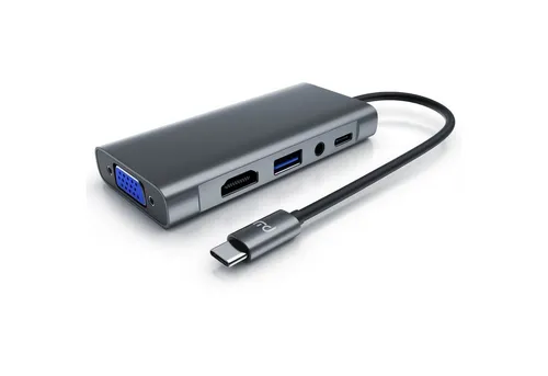 Primewire USB-Adapter 5-in-1 Typ C HUB - USB-Adapter für MacBooks und Laptops mit USB-C, ermöglicht Datenübertragung und gleichzeitiges Laden über PowerDelivery, mit 4K HDMI und VGA-Ausgang.