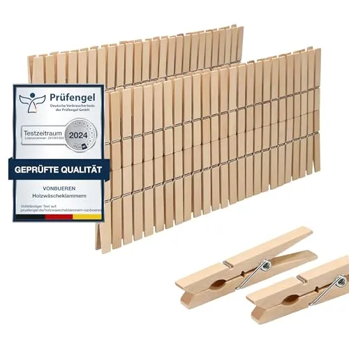 Wäscheklammern Holz groß VonBueren | plastikfrei | Holzklammern aus nachhaltigem unbehandeltem Birkenholz | Holzwäscheklammern auch zum Basteln 100 x