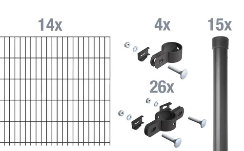Alberts Einstab-Gittermatten-Set Garden Typ 8/6/4, 28m Zaun - Hochwertiges Gartenzäune-Set mit langlebiger anthrazit Kunststoffbeschichtung, inklusive 14 Einstabmatten und 15 stabilen Ø34 mm Pfosten für zuverlässigen Rostschutz.