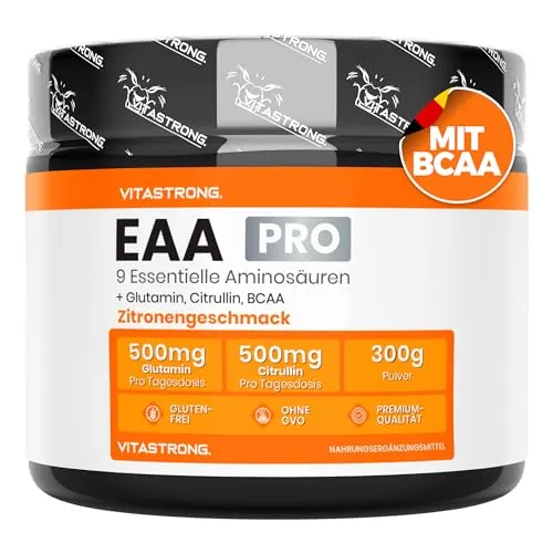 EAA PRO Vitastrong 300g - Essenzielle Aminosäuren für optimale Fitness - Aminosäure L-Citrullin, enthält 9 essentielle Aminosäuren zur Unterstützung der Proteinsynthese und Leistungssteigerung. Erfrischender Geschmack in Lemon!