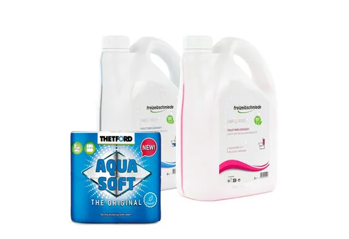 Freizeitschmiede Set Toiletten Zusatz Simple Blue + Rinse - Toilettenpflege für Camping: Das Set mit 2L Simple Blue und Rinse sorgt für frische und hygienische Campingtoiletten, während das Aqua Soft Toilettenpapier schnelle Auflösung und Verstopfungen verhindert.