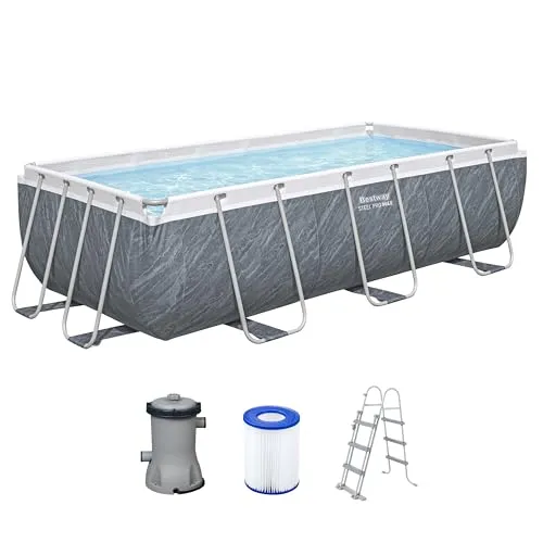 Bestway Power Steel Frame Pool Set 404 x 201 x 100 cm, Schiefergrau - Robustes Pool-Set mit 6.478 Litern Fassungsvermögen. Stabiler Stahlrahmen und TriTech-Material für Langlebigkeit. Werkzeugloser Aufbau und integriertes Ablassventil für einfachen Komfort.