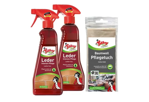 poliboy Leder Intensiv Pflege - 2x375ml - mit Baumwolltuch Lederreiniger (zur Pflege von glattem und genarbtem Leder - Made in Germany)