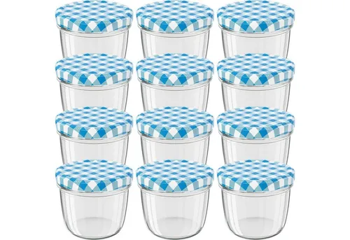 Wellgro Vorratsglas Einmachgläser Schraubdeckel blau kariert - 230 ml, (12-tlg)