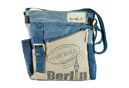 Sunsa Umhängetasche - Nachhaltige Crossbody Bag aus recycelten Jeans und Leder, ideal für umweltbewusste Mode mit praktischen Fächern und großem Volumen von 9,5 Litern.