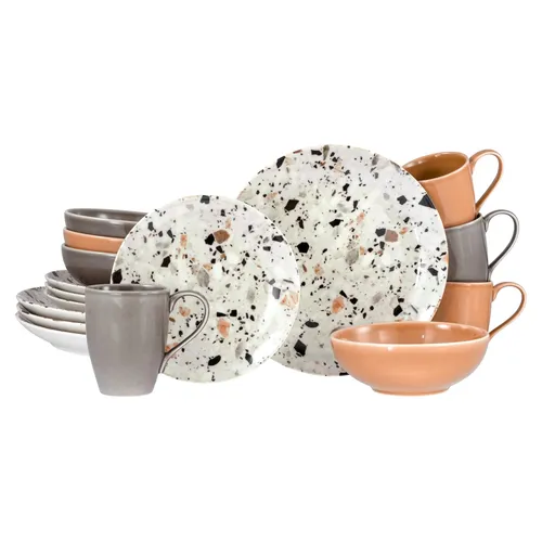 CreaTable 24348 Terrazzo Mix 16-tlg. Kombiservice - Vielseitiges 16-teiliges Kombiservice aus Steinzeug für 4 Personen. Mit einzigartigem Design in Terra- und Taupe-Tönen, ideal für jeden Anlass. Spülmaschinen- und mikrowellengeeignet – perfekt für den täglichen Gebrauch!