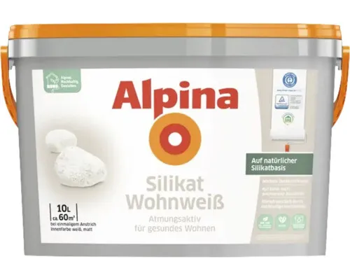 Alpina Silikat Wohnweiß Wandfarbe 10 l - Hochwertige mattweiße Wandfarbe für vielseitige Untergründe, ideal für ein frisches Raumklima in Wohnräumen und Feuchträumen.