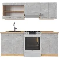 Vicco Küchenzeile R-Line 200 cm ohne Arbeitsplatte - Moderne Küchenzeile in Beton/Goldkraft Eiche, höhenverstellbar und flexibel umstellbar. Ideal für individuelle Küchenlösungen in kleinen und großen Räumen.