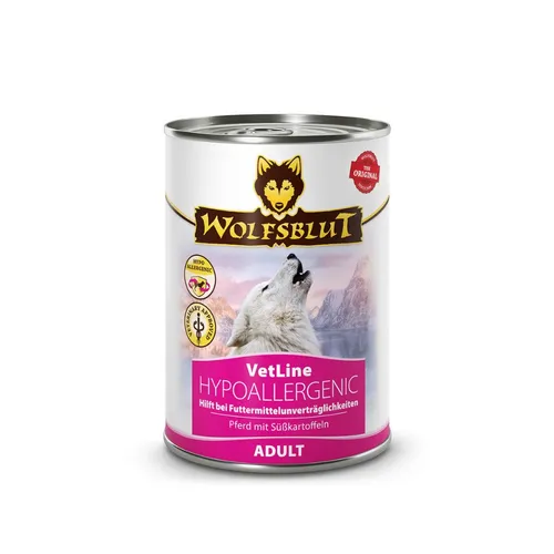 Wolfsblut VetLine Hypoallergenic 6x395 g - Hundefutter für Allergiker, speziell für erwachsene Hunde mit Futtermittelunverträglichkeiten. Enthält hypoallergenes Pferdefleisch und ist getreidefrei, ideal als Eliminationsdiät zur Linderung von Juckreiz und Verdauungsproblemen.