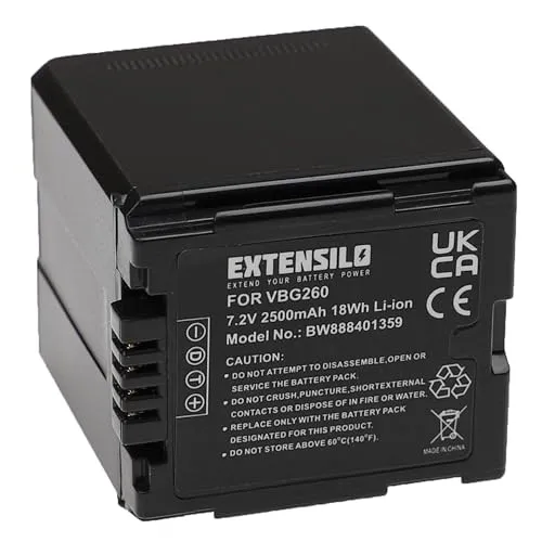 EXTENSILO Akku für Panasonic SDR-H80, SDR-H90, VDR-D160, VDR-D220, VDR-D310 - Hochleistungs-Akku für Ihre Videokamera, 2500mAh, wiederaufladbar, mit Überhitzungs- und Kurzschlussschutz. Ideal für lange Aufnahmen und zuverlässige Leistung.