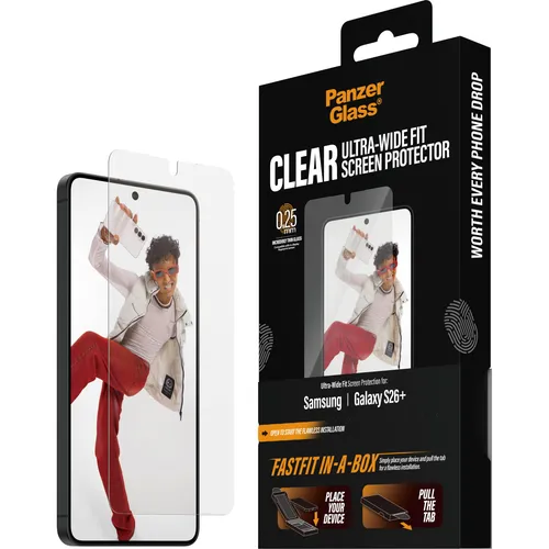 PanzerGlass Displayschutz für Samsung Galaxy S26+ Ultra-Wide Fit mit FASTFIT IN-A-BOX - Hochwertiger Displayschutz für Samsung Galaxy S26+ mit optimaler Passform und einfacher Installation. Schützt Ihr Display zuverlässig vor Kratzern und Stößen.