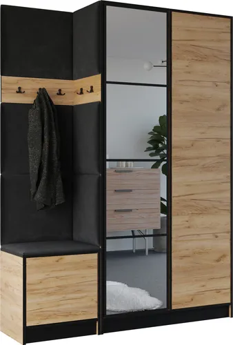 KIER FURNITURE Flurgarderobe Garderobenschrank 158x205x39cm, Craft Eiche & Polsterstoff Schwarz