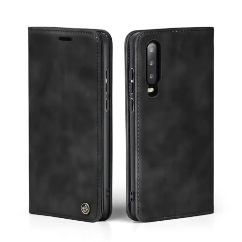 LBH Handyhülle für Huawei P30 in Schwarz mit Karten- und Geldfach Smartphone Hülle mit Standfunktion Flip Case Schutzhülle Magnetverschluss Vintage