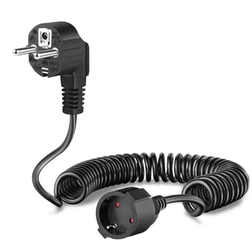 Schutzkontakt Spiralverlängerung, Schuko Verlängerungskabel dehnbar von 0,6m bis 3m Max, IP20 Verlängerungsleitung, 230 V, 16 A, Spiralkabel mit Schuko Stecker & Kupplung, Schwarz