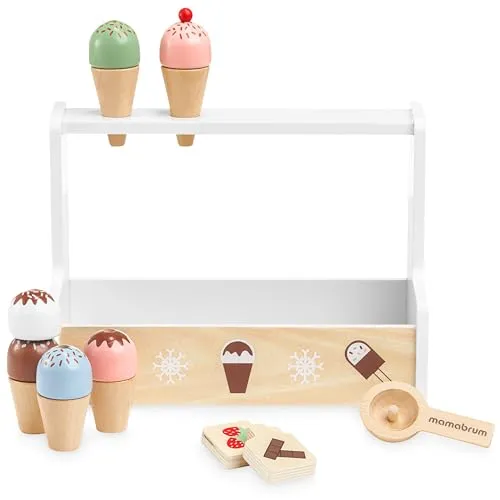 Mamabrum Holz-EIS-Shop für Kinder 3+, Eisdiele Spielset, Zubehör für Spielküche, Spielnahrung, Spielspielzeug Rad