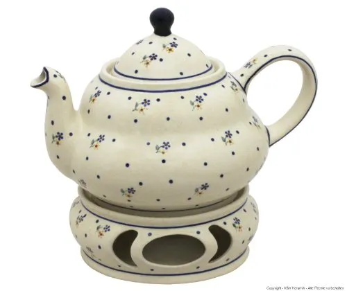 Original Bunzlauer Keramik Teekanne 1,5 Liter mit integriertem Sieb und Stövchen im Dekor 111