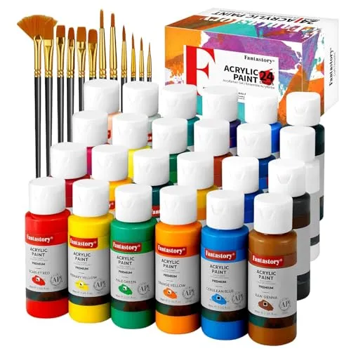 Fantastory Acrylfarben Set, 24 Flaschen 60ml + 12 Pinsel