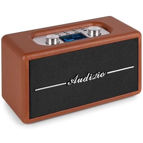Audizio Tune60, DAB Radio mit Bluetooth Lautsprecher, Fernbedienung, FM, 40 Watt, Batterie- Netzbetrieb, LCD, 20 Speicherplätze, USB/TF, AUX, Wecker, Leder Vintage DAB+ Radio Braun