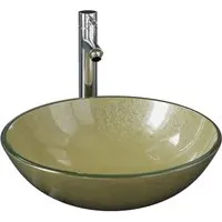 vidaXL Waschbecken mit Wasserhahn und Ablaufgarnitur Gold - Elegantes Waschbecken aus gehärtetem Glas mit goldenen Akzenten, inklusive praktischer Pop-up Ablaufgarnitur. Ideal für stilvolle Badezimmer.