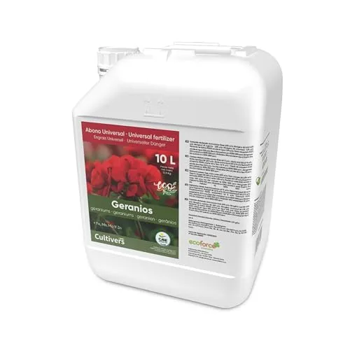 CULTIVERS Organischer Flüssigdünger für Geranien, 10 l Grünere Blätter, mehr Blüte und intensiviert die Farbe. Mit Makronährstoffen und Mikronährstoffen