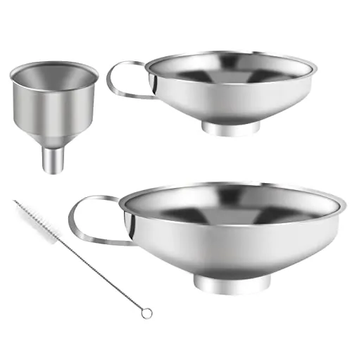 Stück Trichter Edelstahl Set, Marmeladentrichter, Einmachtrichter aus Edelstahl, Einfülltrichter mit Griff, zum Umfüllen von Gewürzen, Flüssigkeiten, Pulver, Bohnen, Konfitüre (3 Größen, 1 Bürste) 4