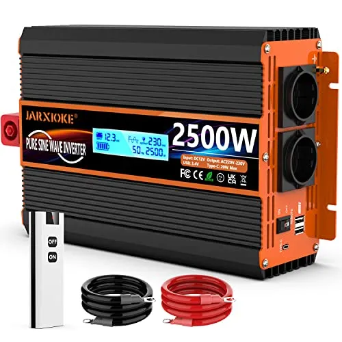 Wechselrichter 12v auf 230v Reiner Sinus 2500W/5000W Spannungswandler mit Fernbedienung & LCD-Display & 2 EU Steckdose & 2 * 3.4A USB Port & Type-C Port Pure Sine Wave Inverter Konverter
