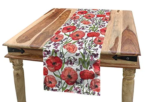 ABAKUHAUS Blume Tischläufer, Mohnblumen-Garten, Esszimmer Küche Rechteckiger Dekorativer Tischläufer, 40 x 180 cm, Mehrfarbig