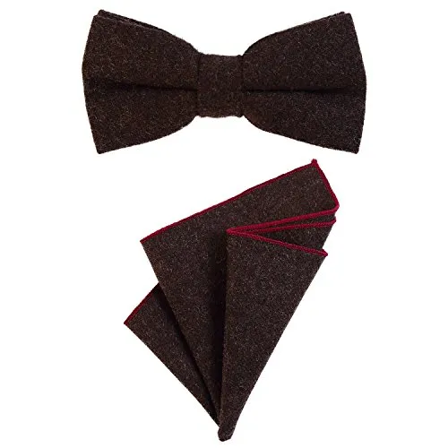DonDon Herren Fliege 12 x 6 cm gebunden längenverstellbar und Einstecktuch 23 x 23 cm farblich passend aus Baumwolle dunkelbraun