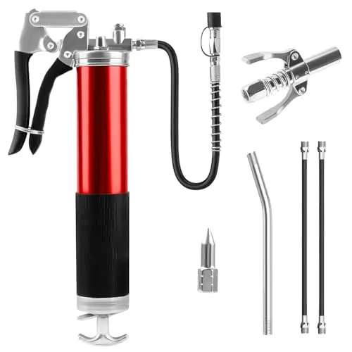 LWMTT Fettpresse Set 8000 PSI Fettpresse für Schmiernippel mit Flexschlauch und Fettpresse Mundstück, Einhand Fettpresse für 400g Kartuschen Schmierpressen Manuelle Fettpresse mit Pistolengriff- Rot