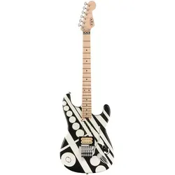EVH E-Gitarre Striped Series Circles White and Black - E-Gitarre im ST-Style mit Linde-Korpus und Ahornhals, ausgestattet mit EVH Wolfgang Humbucker und innovativem D-Tuna für blitzschnelles De-Tuning auf Drop D.
