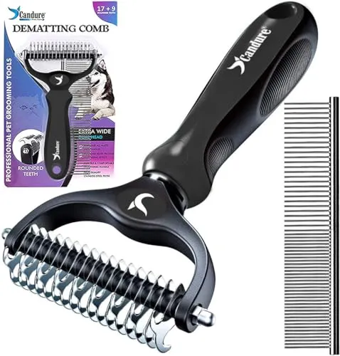 Candure Haustierfreundliche Hundebürste für Haarausfall & Effektive Haarentfernung 17+9 Doppelseitiger Entfilzungskamm für Hunde & Katzen Haarbürste zum Ausfallen (Schwarz)