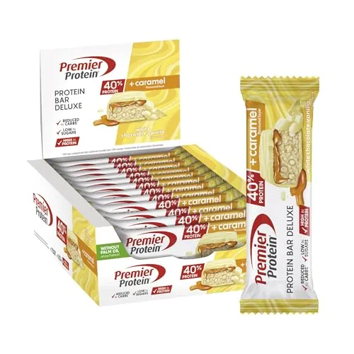 Premier Protein - Protein Bar Deluxe 40% - White Chocolate Vanilla - 12x50g - Leckerer Proteinriegel mit zarter Schokoladenkuvertüre und cremigem Karamell. Ideal für Snacks unterwegs – mit 20 g hochwertigem Protein pro Riegel und nur 1,6 g Zucker. Perfekt für bewusste Genießer!