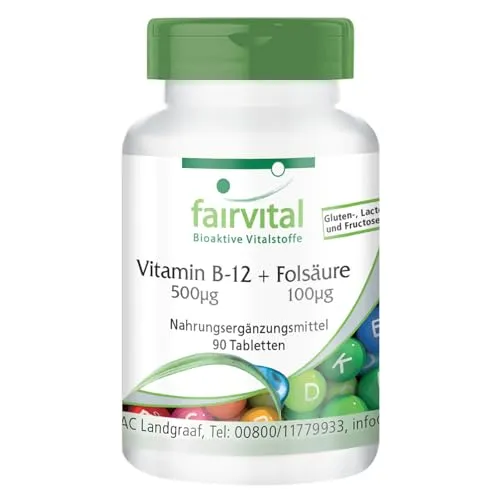 Fairvital | Vitamin B-12 Tabletten mit Folsäure - 90 Tabletten - HOCHDOSIERT - mit 500µg Vitamin B12 & 100µg Folsäure pro Tablette - VEGAN