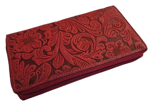 Einkaufszauber Echt Leder Damen Geldbeutel Floral rot mit edler Blumen-Prägung im Leder