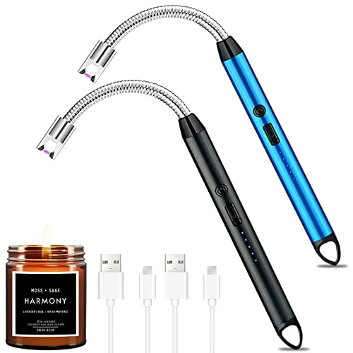 NCKIHRKK Lichtbogen Feuerzeug Elektrisch,2 Stück Stabfeuerzeug,mit 360° flexiblem Hals,Winddichte,Flammenlose,USB aufladbar Plasma Kerzenanzünder für Kerzen anzünden,Grill,Camping,Kamin (Schwarz+Blau)
